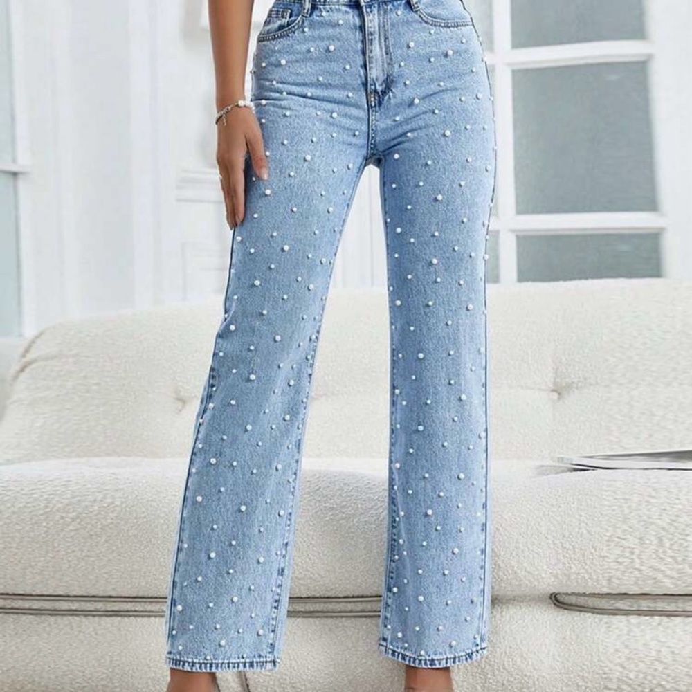 Women's Shein Light Blue Straight Leg Pearl Jeans